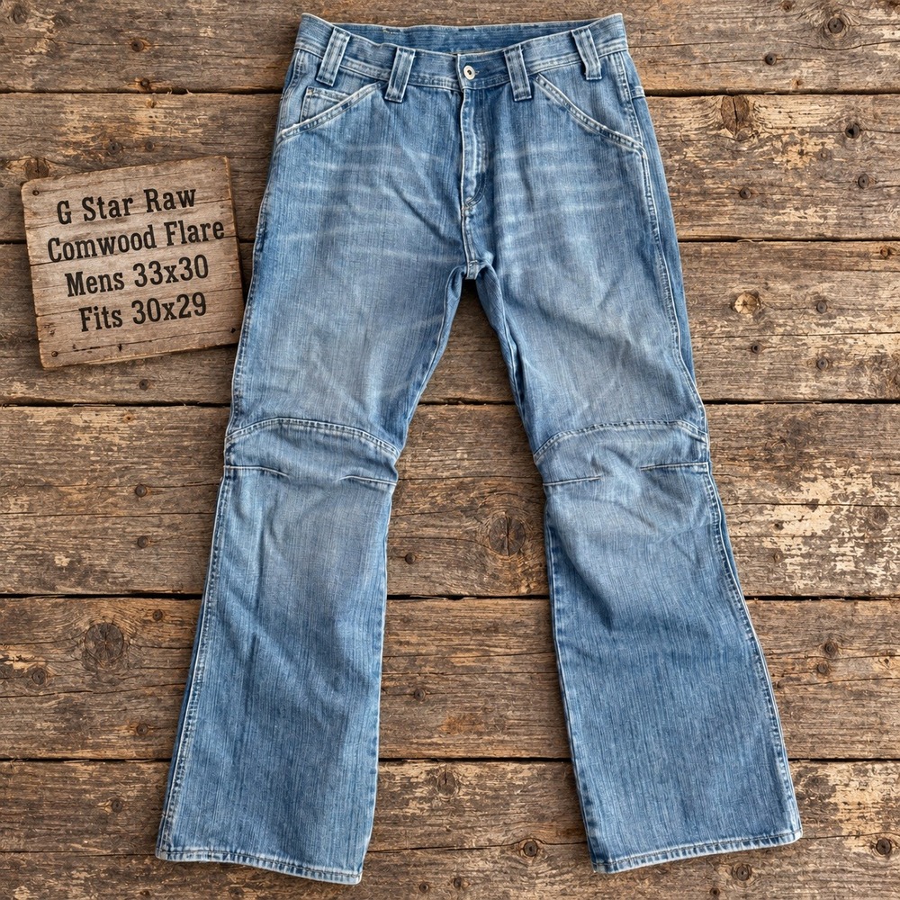 G Star Raw Comwood Flare Jeans Mens 33x30 Fits 30x29 Light Wash Blue Distressed